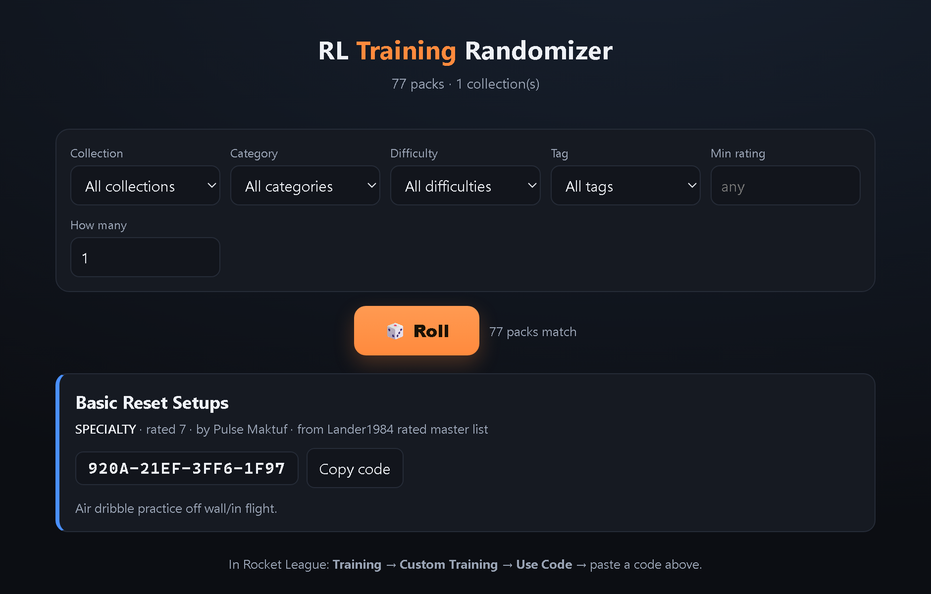 The web UI: filters, a Roll button, and a rolled pack with its code