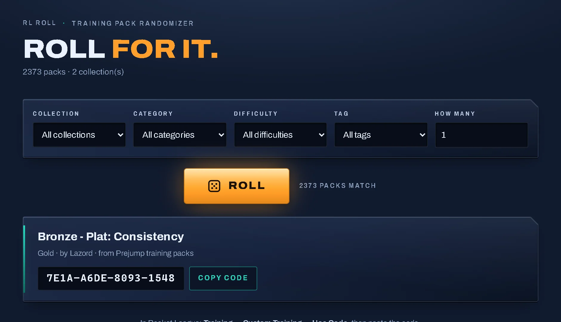 The web UI: filters, a Roll button, and a rolled pack with its code